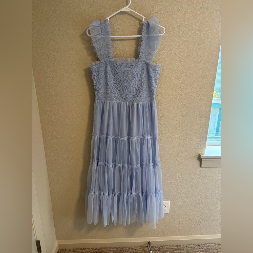 Baltic Born Light Blue Ruffle Strap Midi Dress